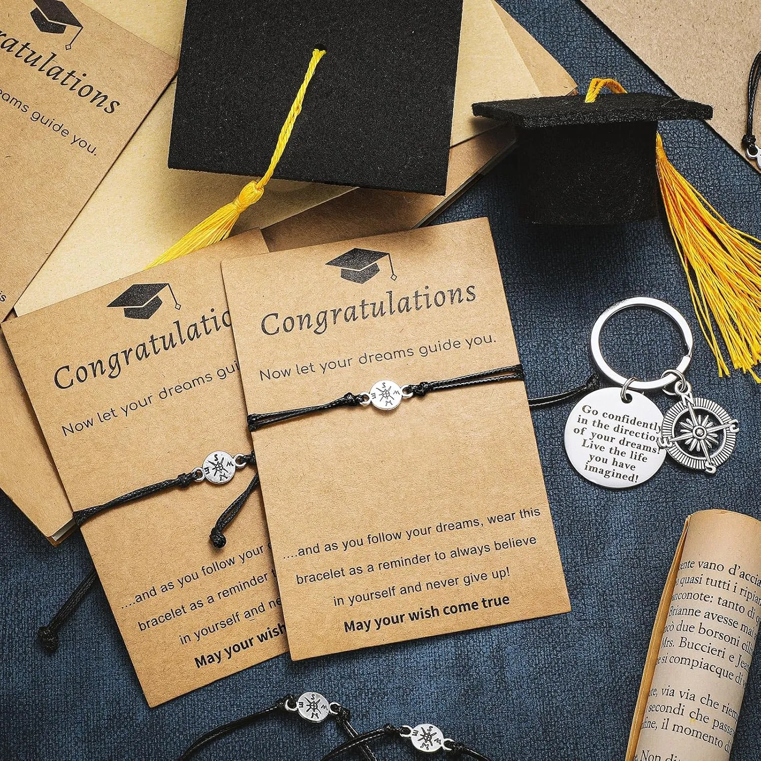Sureio 12 Pcs 2025 Graduation Gift Bulk Set Graduation Bracelet Keychain Class of 2025 Inspirational Gift for Men Women (Elegant)