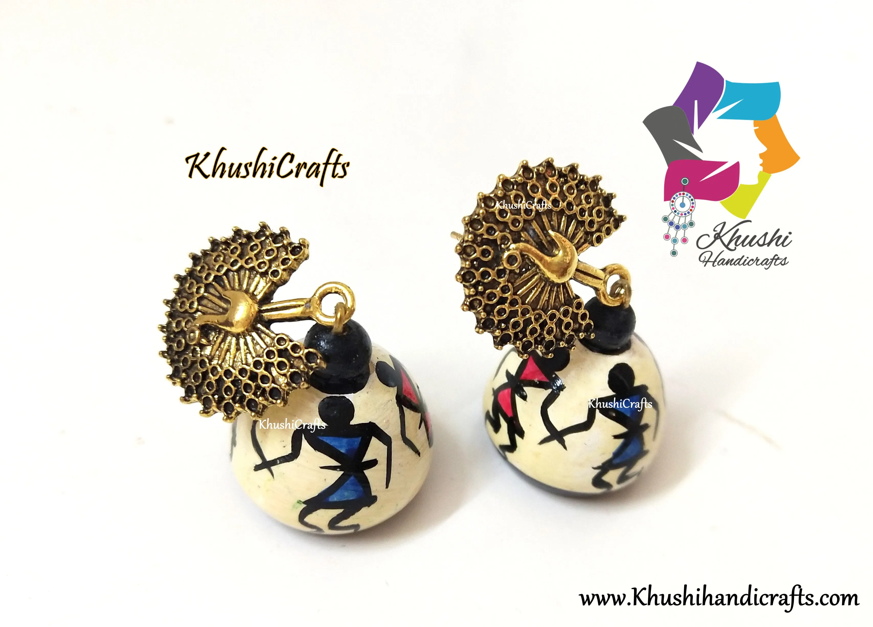 Warli Art Wooden jhumkas with Peacock Studs