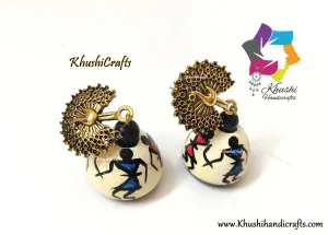 Warli Art Wooden jhumkas with Peacock Studs