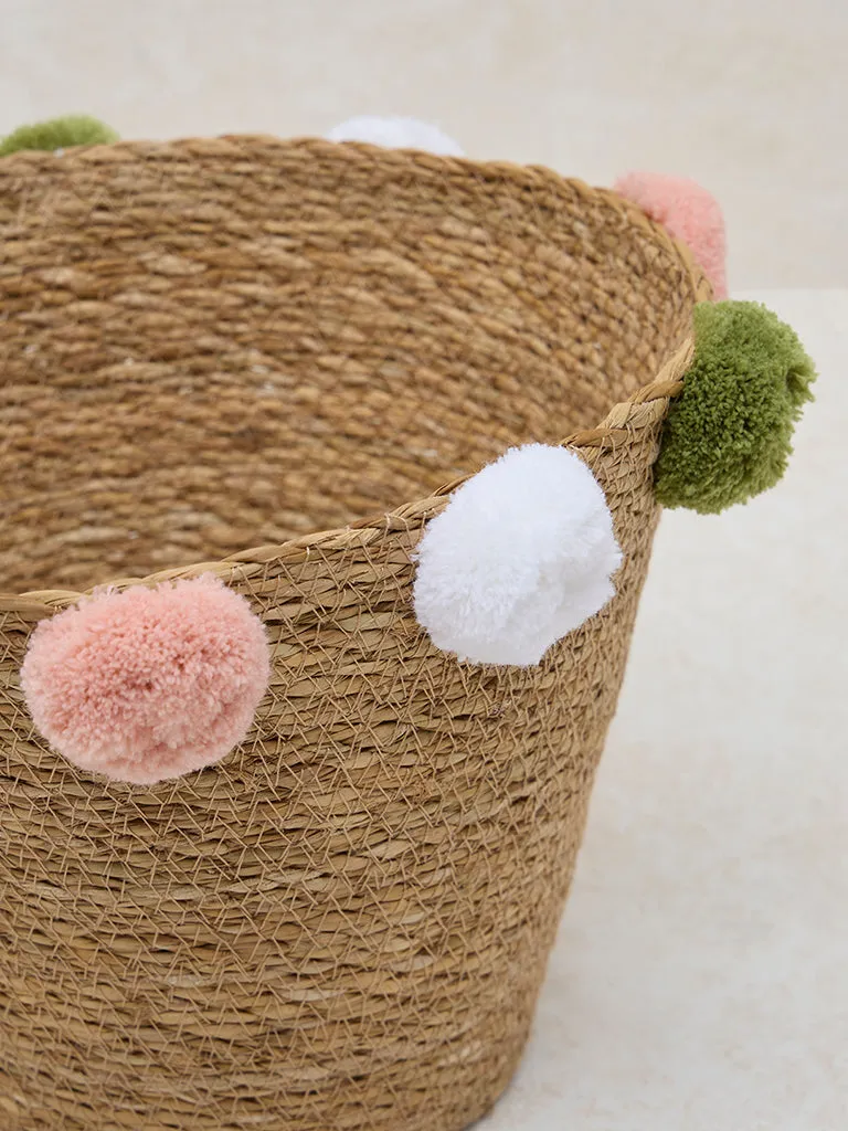 Westside Home Beige Pom Pom Seagrass Basket