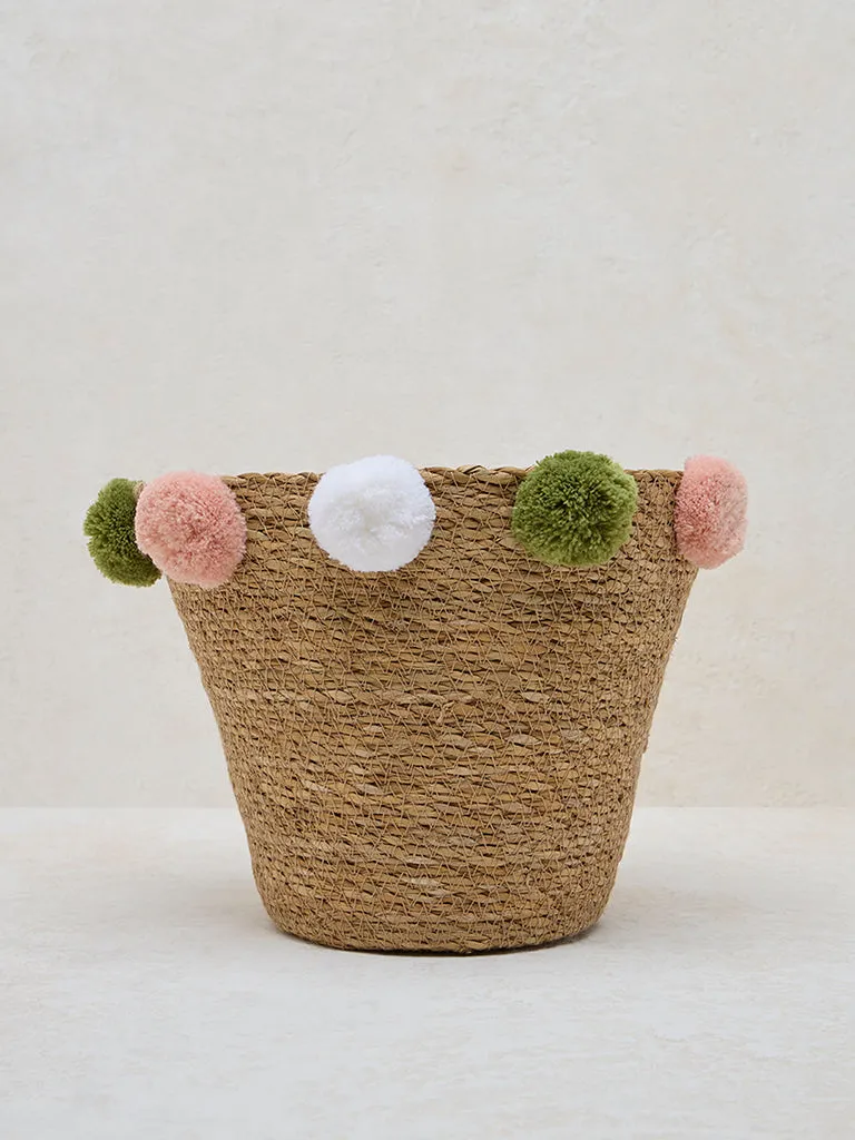 Westside Home Beige Pom Pom Seagrass Basket
