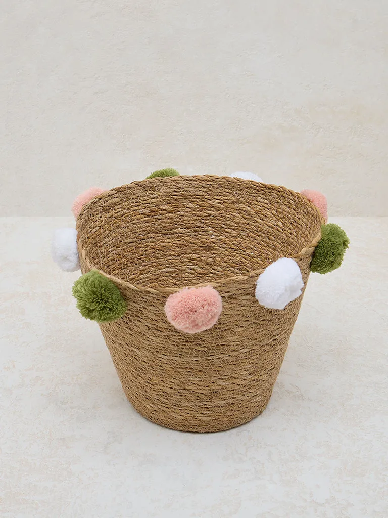 Westside Home Beige Pom Pom Seagrass Basket
